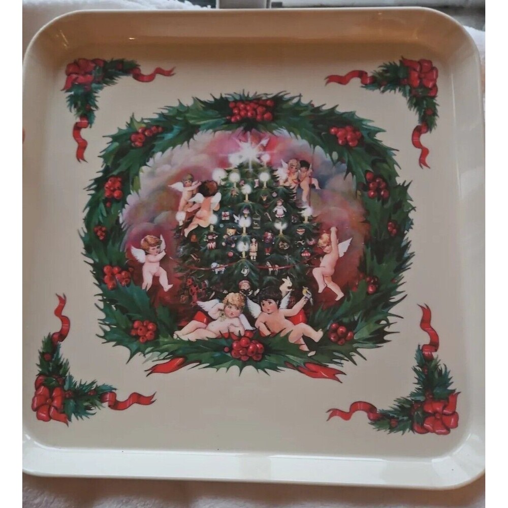 Vintage Holiday Christmas Tree Cherubs Serving Tray Made In Italy